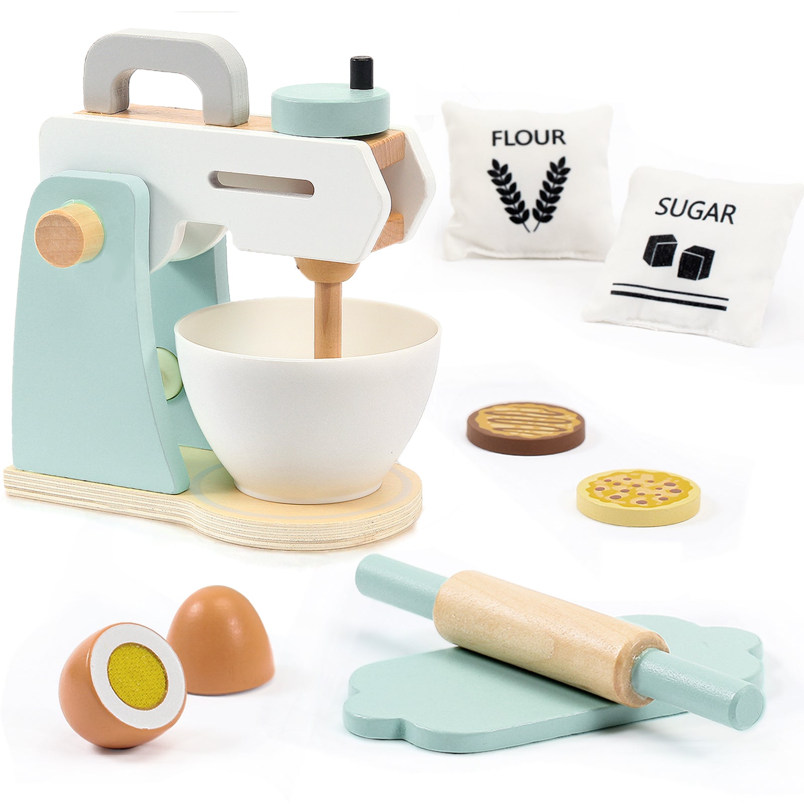 Play Kitchen Accessories, Frogprin Wooden Toy Mixer Set, Pretend Play
