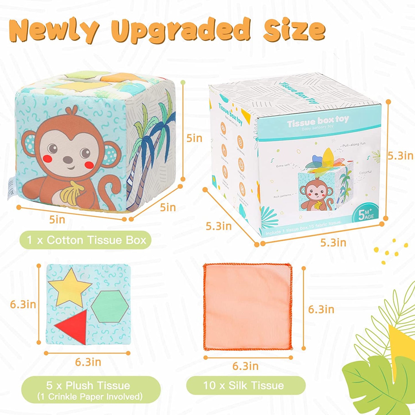 Frogprin Baby Tissue Box Toy, Montessori Toy for Babies 6-12 Months, Pull Along Magic Sensory Toys with 10 Silk Scarves, 3 Stuffed Tissues & 2 Crinkle Paper for Babies Newborns Toddlers & Infants Gift