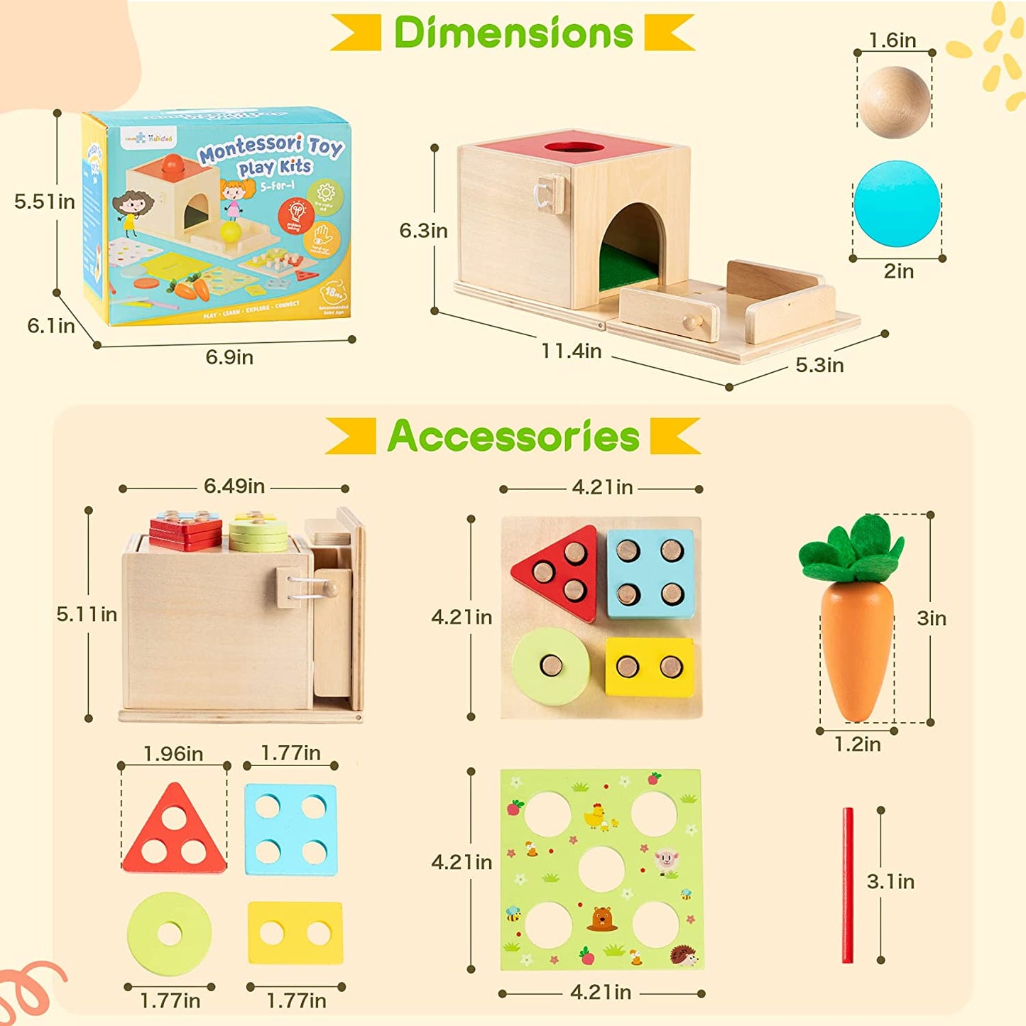 Frogprin 5-in-1 Wooden Play Kit Montessori Toy for 1 2 3 Year Old, Object Permanence Box, Coin Box, Carrot Harvest, Matchstick Drop, Shape Sorter Toddler Learning Toy for Girl Boy Gift Baby 6-12months