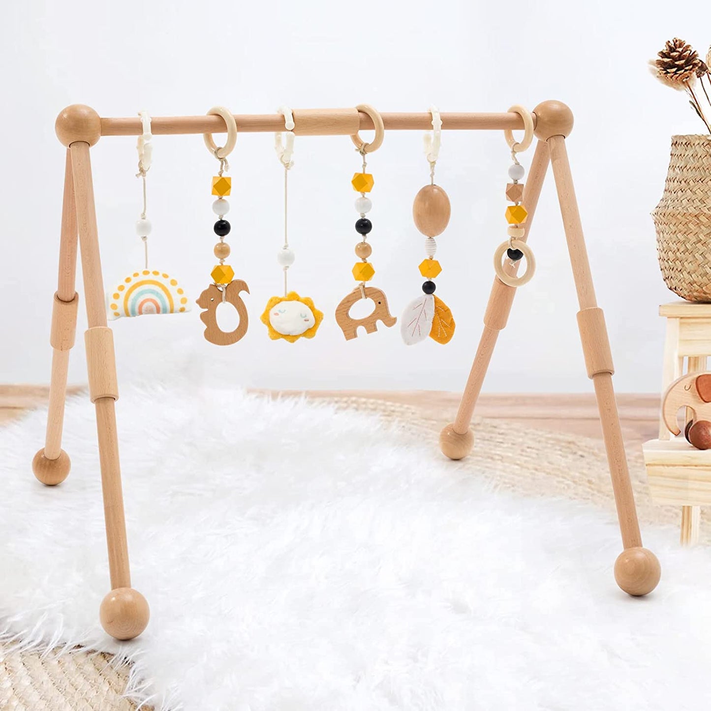 Golener Baby Play Gym Wooden Baby Gym with 6 Infant Activity Toys,Foldable  Frame Hanging Bar,Toddler Activity Center with Pull Ring,Wood Gyms for