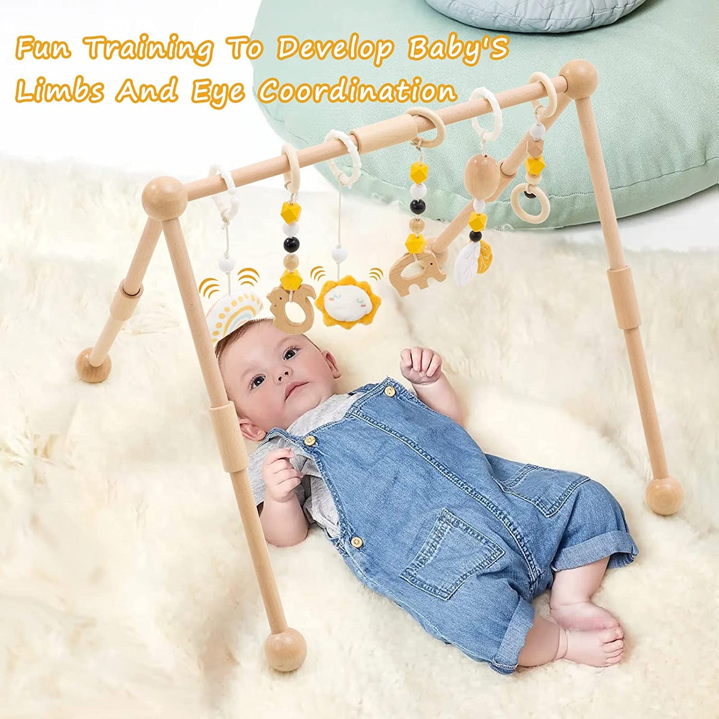 Frogprin Wooden Baby Gym with 6 Hanging Toys, Wooden Play Gym for Babies 0-12 Month, Baby Play Gym Frame Activity Gym Hanging Bar Newborn Gift Baby Girl and Boy Gym (Natural Pine Wood)