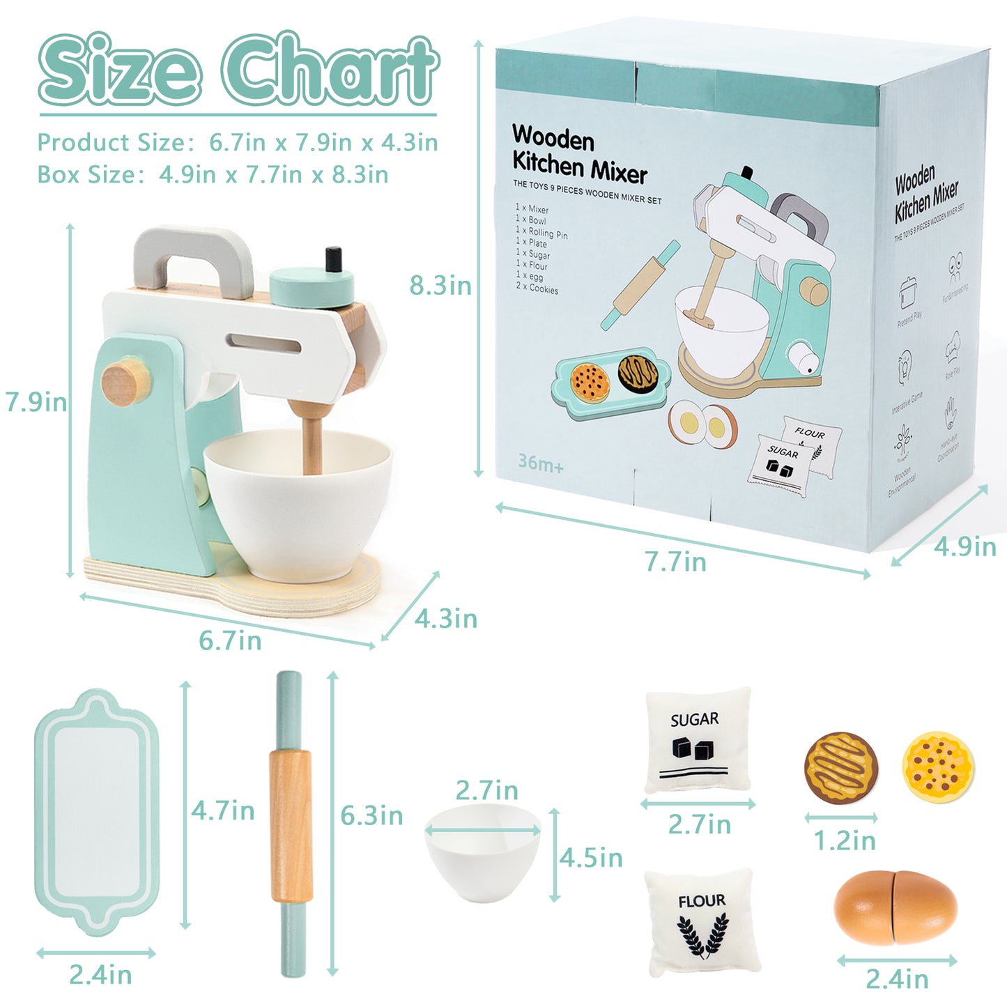 Play Kitchen Accessories, Frogprin Wooden Toy Mixer Set, Pretend Play Food Sets for Kids Kitchen - Includes Extra Egg, Rolling Pin, Cookies, Sugar, Flour