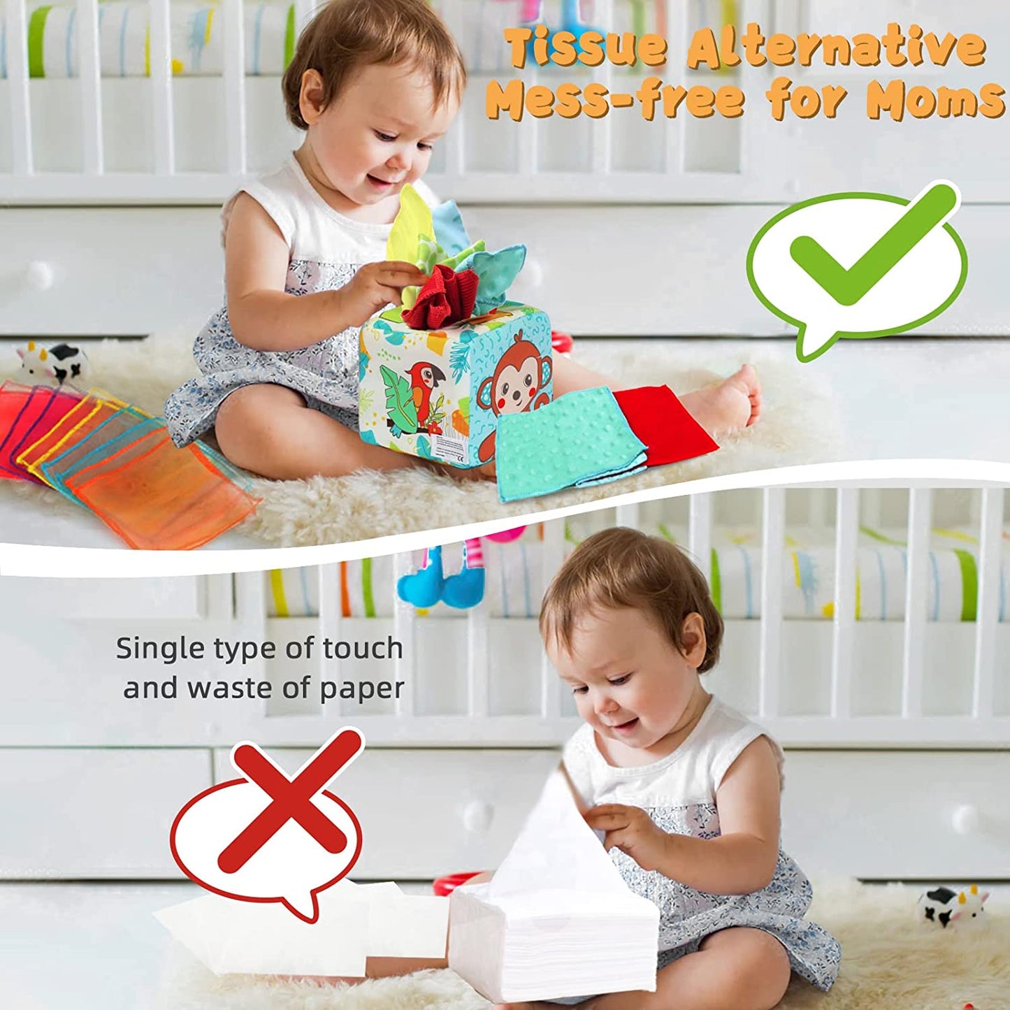 Frogprin Baby Tissue Box Toy, Montessori Toy for Babies 6-12 Months, Pull Along Magic Sensory Toys with 10 Silk Scarves, 3 Stuffed Tissues & 2 Crinkle Paper for Babies Newborns Toddlers & Infants Gift