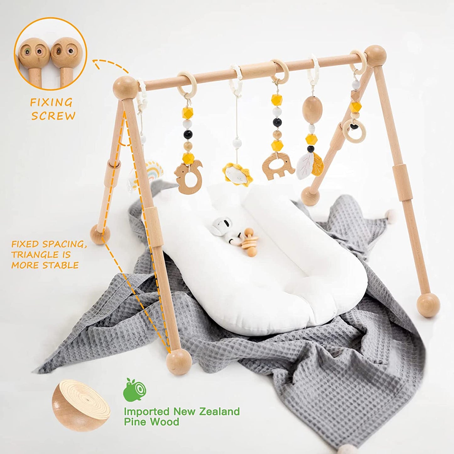 Frogprin Wooden Baby Gym with 6 Hanging Toys, Wooden Play Gym for Babies 0-12 Month, Baby Play Gym Frame Activity Gym Hanging Bar Newborn Gift Baby Girl and Boy Gym (Natural Pine Wood)