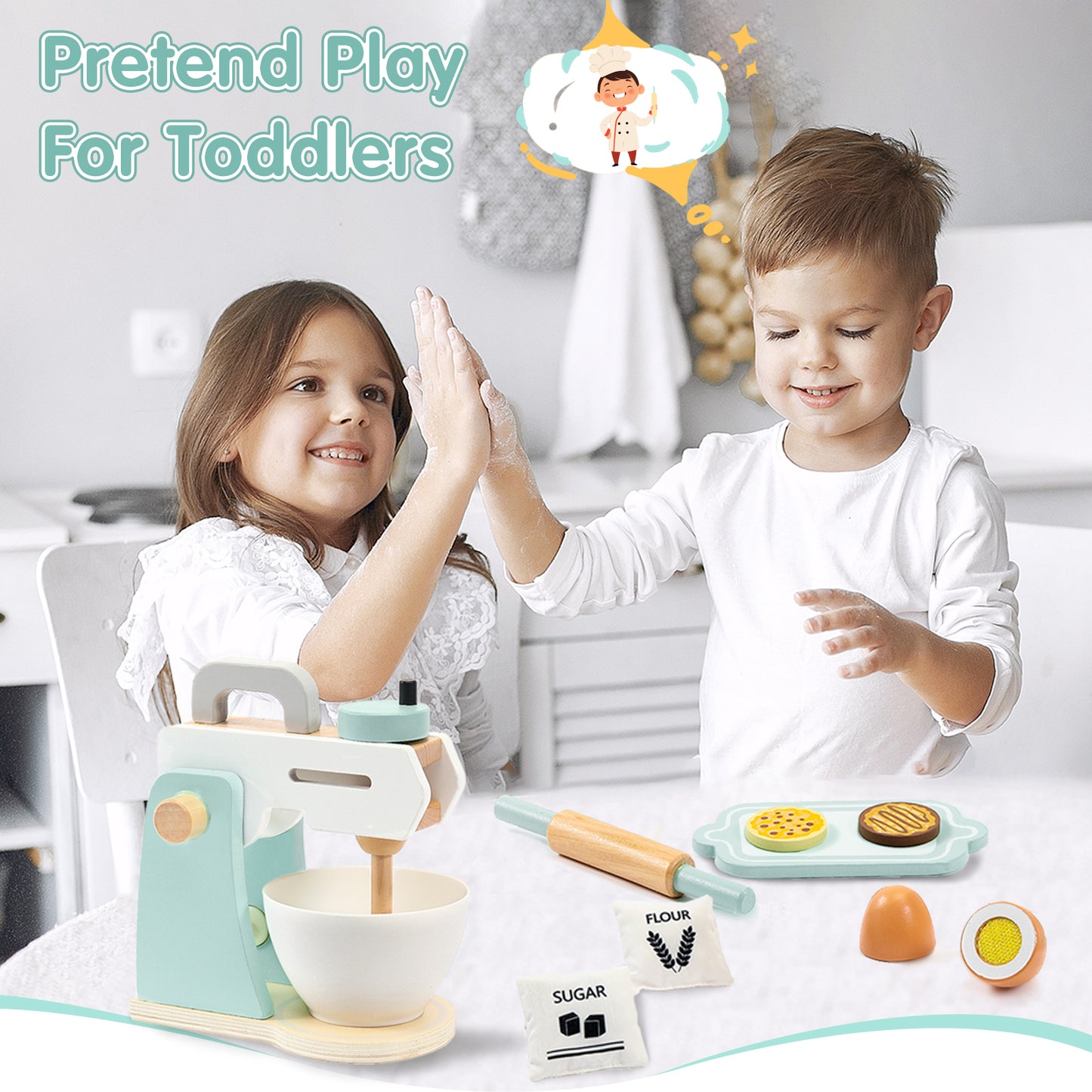 Play Kitchen Accessories, Frogprin Wooden Toy Mixer Set, Pretend Play Food Sets for Kids Kitchen - Includes Extra Egg, Rolling Pin, Cookies, Sugar, Flour